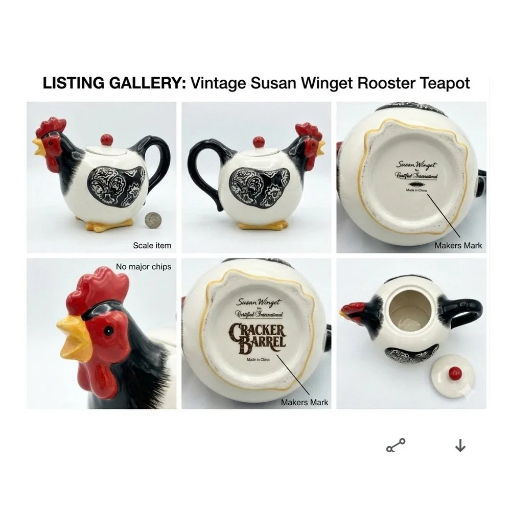 Susan Winget Certified International Rooster Teapot Cracker Barrel Black White
